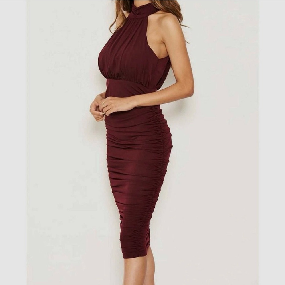 Armani Exchange Plum Burgundy Ruched Halter Midi Dress NWT Size 14 - Picture 3 of 13